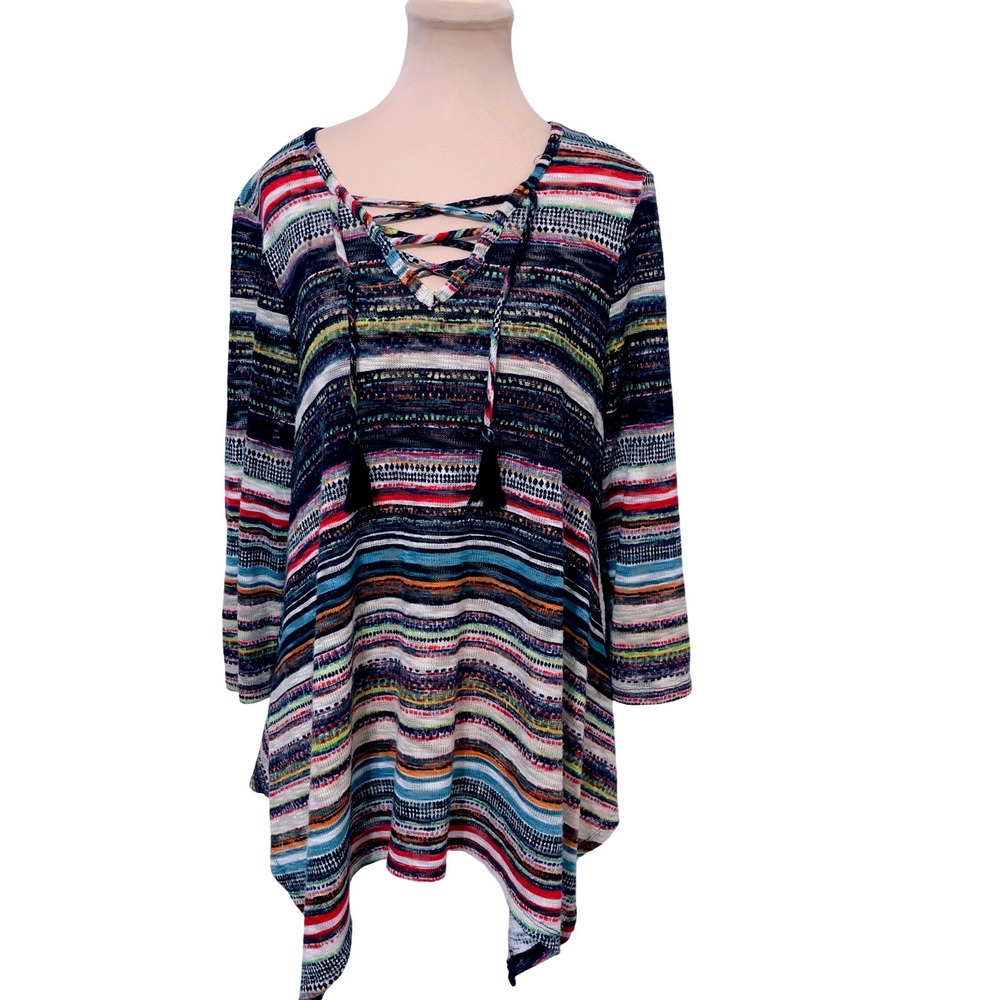 New Directions Women Top L Multi Color Striped Lace Up Tassel Sharkbite Tunic‎